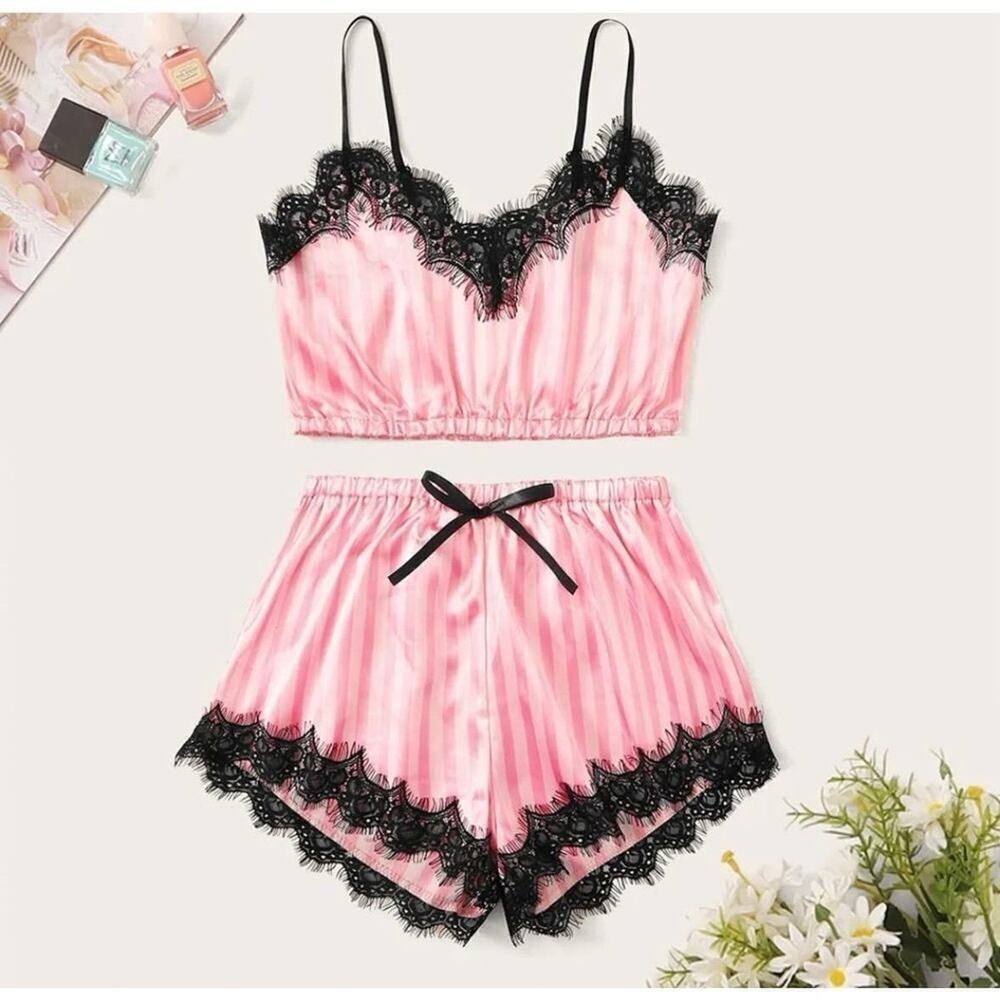 Chic Noir Elegance: Black Lace & Pink Silk Lingerie Pajama Shorts Set -XL